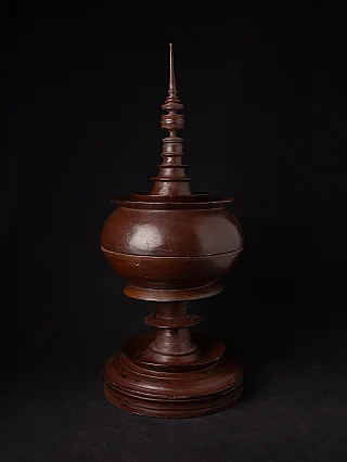 Burmese wooden offering vessel in Shan style, full view with lid and tall finial
