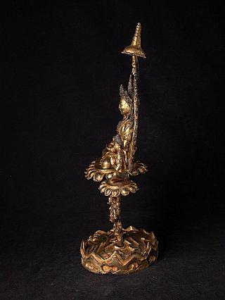 Sitzende nepalesische Buddha-Statue aus Bronze, schmale Seitenansicht mit hoher Aureole