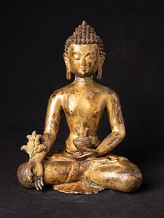 Nepalesische Medizin-Buddha-Statue aus Bronze, sitzend in Frontalansicht mit Schale