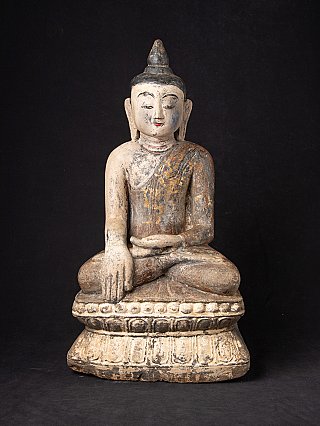 Sitzende Buddha-Statue aus Burma (Myanmar) aus Holz, Frontansicht mit Bhūmisparśa-Mudrā
