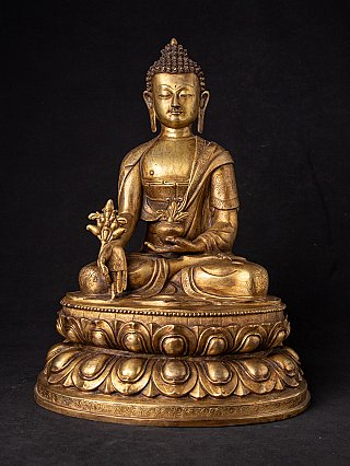 Nepalesische Medizinbuddha-Bronzestatue auf Lotossockel, sitzend mit Schale, Frontalansicht