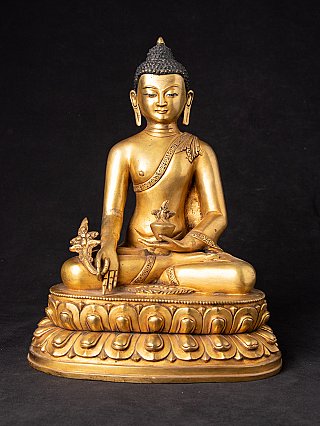 Nepalesische Medizin-Buddha-Statue aus Bronze, sitzend auf Doppellotussockel, Frontalansicht