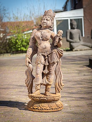 Apsara lady statue from India in wood, standing full front on a lotus base