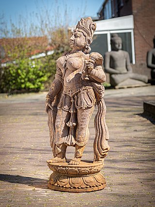 Apsara lady statue from India carved in wood, three-quarter left view