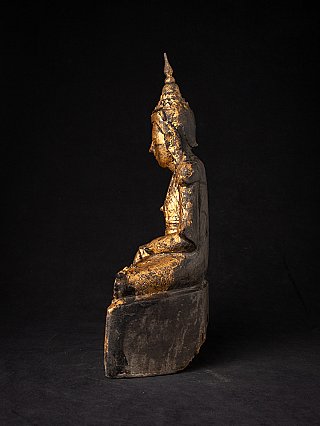Antike hölzerne Buddha-Statue aus Burma (Myanmar), Seitenansicht links, sitzende Haltung