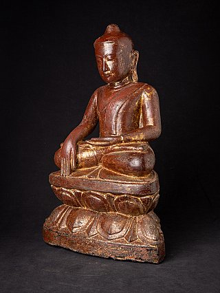Antike Buddha-Statue aus Myanmar, Holz, Dreiviertelansicht von links