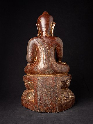 Burmesische Buddha-Statue aus Holz, Rückansicht mit Gewand und Sockel
