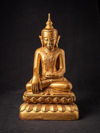 Burmesische Shan-Buddha-Statue aus Holz, sitzend auf Lotussockel, Frontalansicht