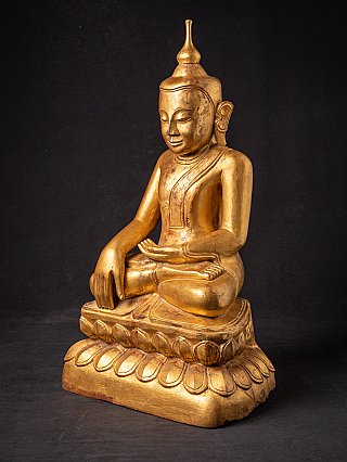Shan-Buddha-Statue aus Myanmar, Holz, Dreiviertelansicht mit Lotussockel