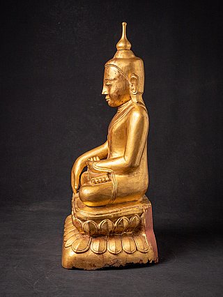 Hölzerne Buddha-Statue aus Burma, linke Seitenansicht in sitzender Haltung