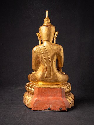 Sitzende Shan-Buddha-Statue aus Holz, Rückansicht mit Rücken und Sockel