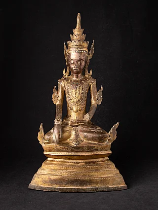 Crowned Shan Buddha statue in bronze from Myanmar, seated in bhumisparsha mudra, full front