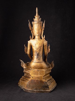 Gekrönte Shan-Buddha-Statue aus Bronze, sitzend, Rückansicht mit Rücken und Sockel