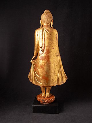 Mandalay-Buddha-Statue aus Holz, vergoldet, Rückansicht mit sichtbarer Abnutzung