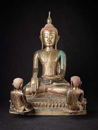 Burmese bronze Buddha statue with two kneeling monks, full-front view
