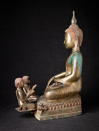 Burmese bronze Buddha statue with two monks, left side profile