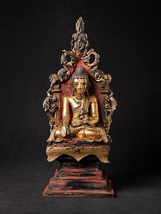 Shan-Buddha-Statue aus Lackarbeit aus Burma (Myanmar) auf Thron, sitzend, Frontalansicht