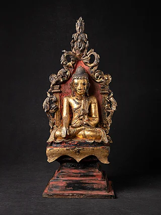 Shan Buddha statue on throne in Burmese lacquerware, seated in bhumisparsha mudra, front view