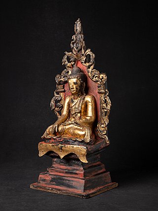 Sitzende Shan-Buddha-Statue auf Thron aus Lackarbeit, Dreiviertelansicht von rechts