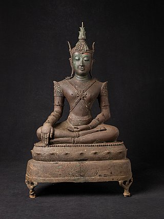 Thai Lanna bronze Buddha statue seated in bhumisparsha mudra, full front view on base