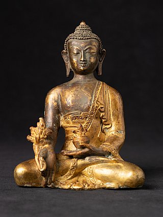 Nepalesische Bronze-Medizinbuddha-Statue, sitzend, Frontalansicht mit Schale in der Hand