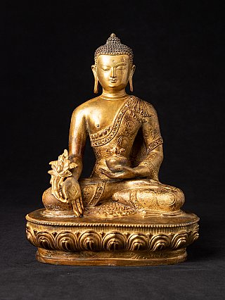 Nepalische Medizinbuddha-Statue aus Bronze, sitzend auf Lotossockel, Frontalansicht