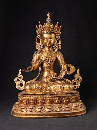 Nepalesische Vajrasattva-Statue aus Bronze, sitzend auf Lotussockel, Frontalansicht