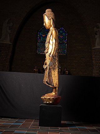 Burmese Shan Buddha statue in wood, side profile view
