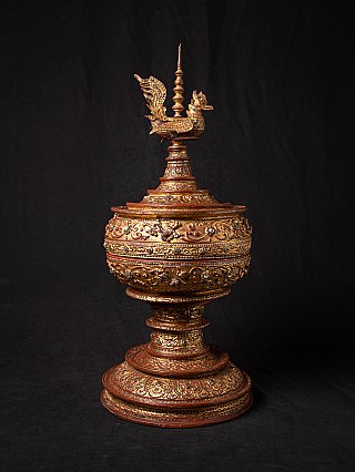 Gilded Mandalay period offering vessel (Myanmar), side view with winged bird on lid