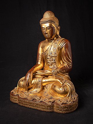 Mandalay-Buddha-Statue aus Myanmar, Holz, sitzend, Dreiviertelansicht links