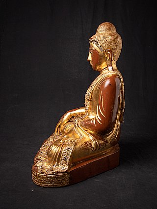 Sitzende Buddha-Statue aus Burma aus Holz, rechte Seitenansicht mit Ohr und Haarknoten