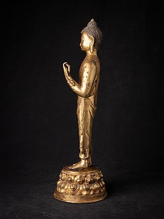 Stehende Nepal-Buddha-Statue aus Bronze, Seitenansicht mit erhobener rechter Hand