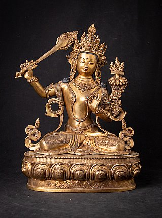 Nepalesische bronzene Manjushree-Statue, sitzend in Frontalansicht mit Schwert und Lotus