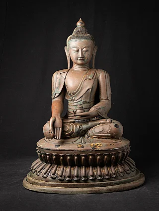 Burmese bronze Buddha statue seated on lotus base, Varada mudra, full front view