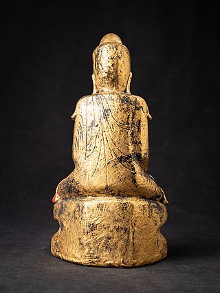 Antiek Shan Boeddhabeeld in lakwerk, achteraanzicht met zicht op de robe en rug