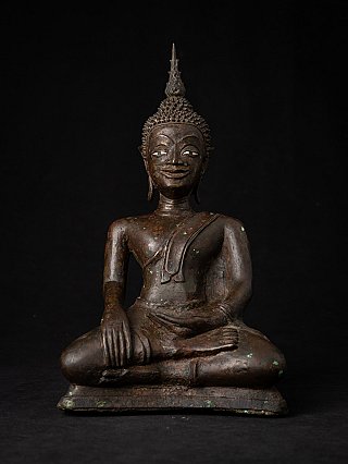 Laotiaans bronzen Boeddhabeeld (3520-41) zittend, vooraanzicht met bhumisparsha mudra