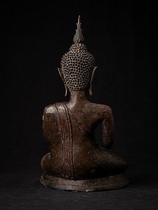 Laotiaans bronzen Boeddhabeeld (3520-41), achteraanzicht met rug en haarspiraal