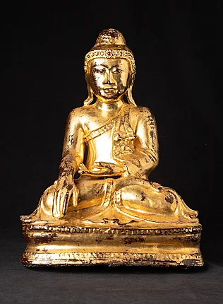 Bronze-Buddha-Statue aus Burma im Mandalay-Stil, sitzend in Bhūmisparśa-Mudrā, Frontalansicht