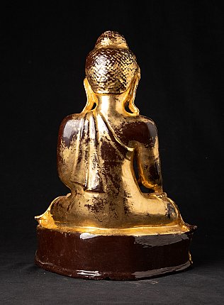 Seated Mandalay bronze Buddha statue, rear view showing draped robe