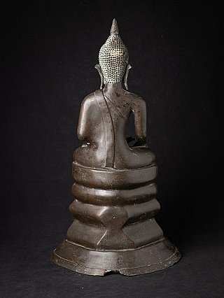 Antike Buddha-Statue aus Bronze aus Laos, Rückansicht mit Sockel