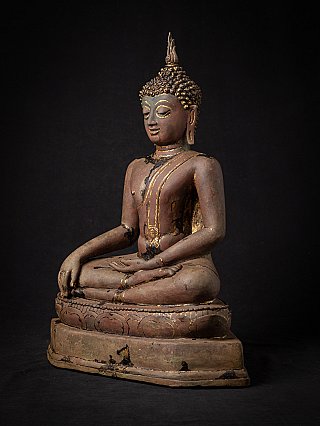 Lanna bronze Buddha statue from Thailand, three-quarter left view on base