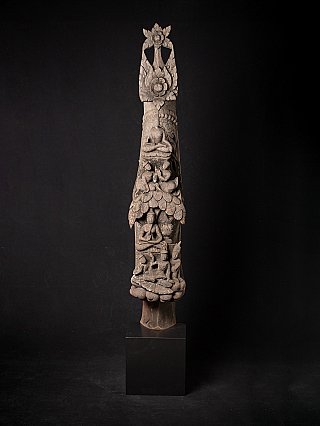 Wooden temple panel from Myanmar, full front view with stacked carved relief figures