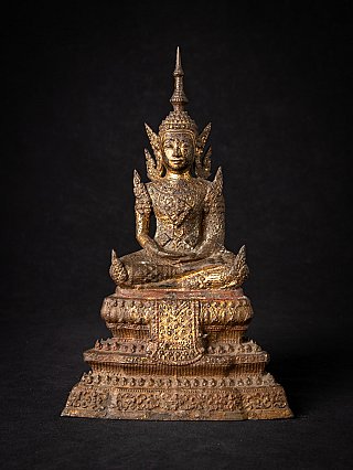 Thai bronze Buddha statue, crowned and seated in dhyana mudra, full front view