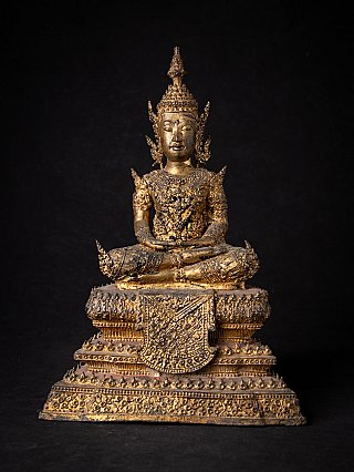 Thai bronze Buddha statue in Rattanakosin style, seated in dhyana mudra on ornate tiered base