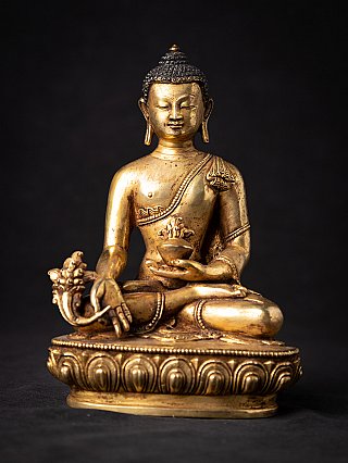 Nepalesische Medizin-Buddha-Statue aus Bronze, sitzend auf Lotus-Sockel, Frontalansicht