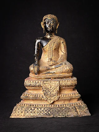 Thai bronze monk statue seated in bhumisparsha mudra, full front view on ornate tiered base