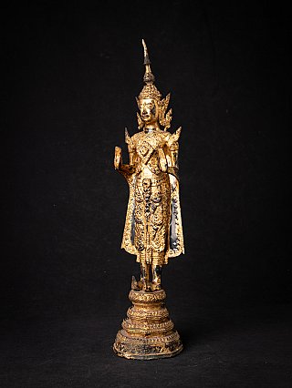 Thai Rattanakosin bronze Buddha statue, three-quarter view with raised hand gesture