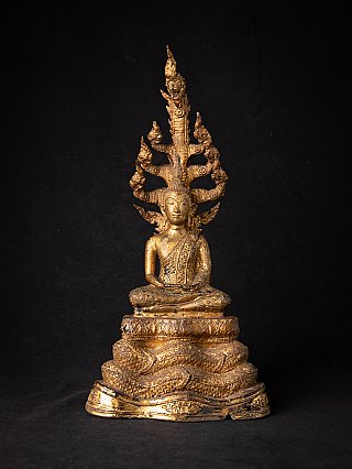 Thai bronze Naga Buddha statue seated in dhyana mudra, full front view