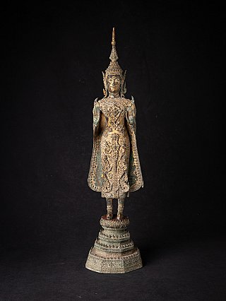 Thai bronze Buddha statue on tiered base, full front view with Abhaya mudra