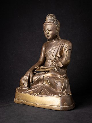 Mandalay bronze Buddha statue from Burma, three-quarter view showing hands and robe folds